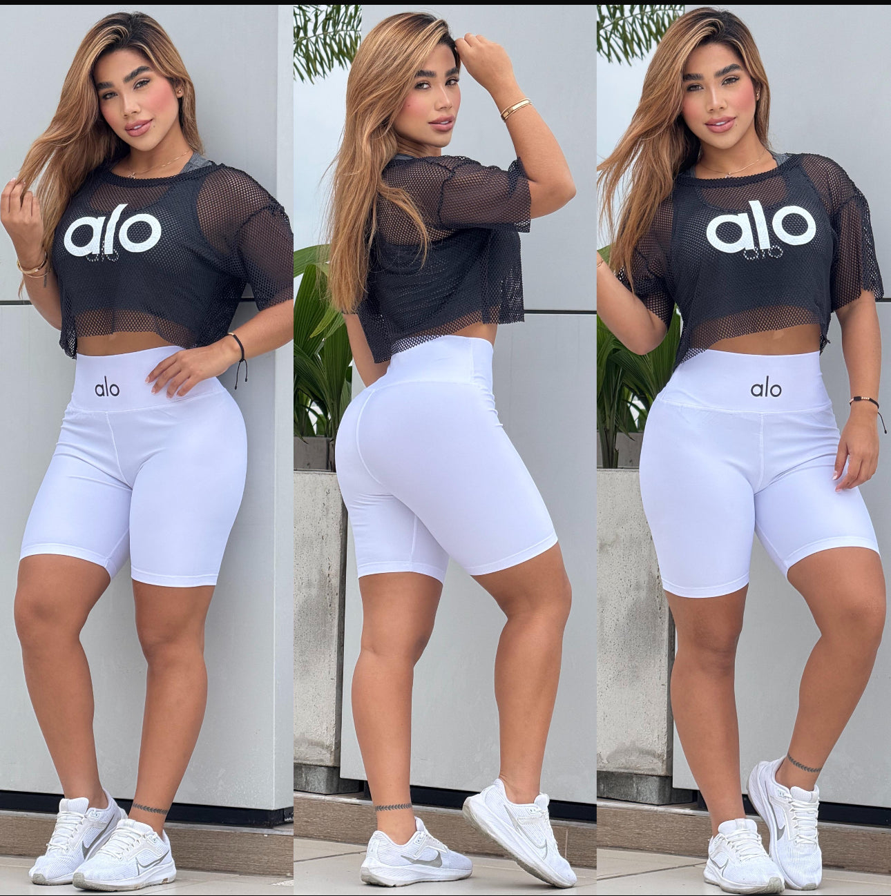 🤍 Set Deportivo 3 Piezas Tipo ALO – Biker + Top Malla