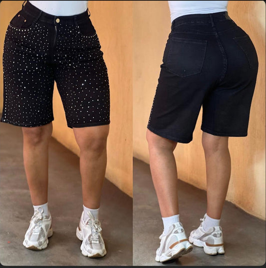 Bermuda Denim Black Luxe con Perlas